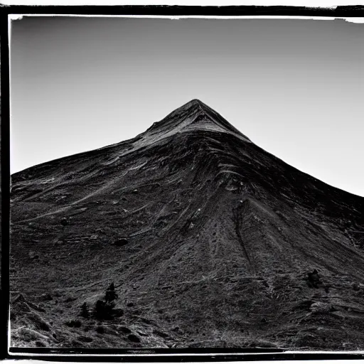 Prompt: a centrally peaked mountain in the style of ansel adams with a large black sphere on top, black and white large format photography