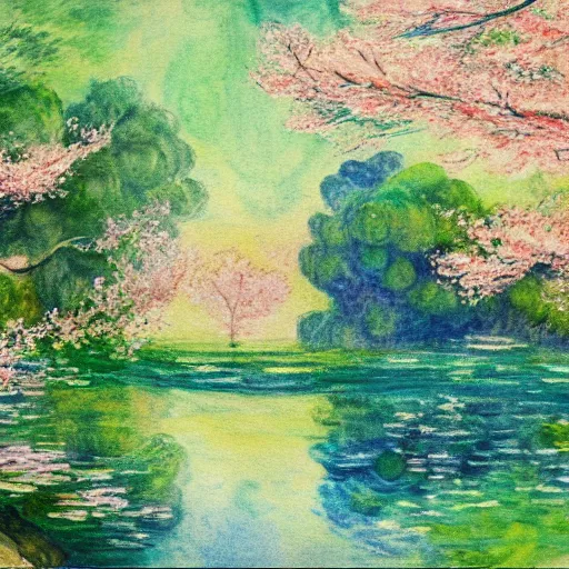 Image similar to landscape with cherry blossom trees and waterfalls, detailed watercolor painting in the style of monet, 4 k