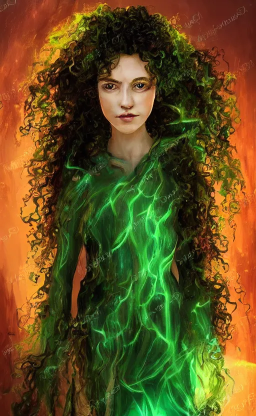 Image similar to a young woman with wild, curly hair and bright green eyes. she's wearing a flowing dress made of light, airy fabric and she has a mischievous look on her face, dynamic lighting, photorealistic fantasy concept art, trending on art station, stunning visuals, creative, cinematic, ultra detailed