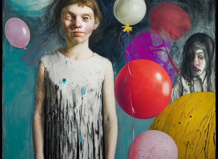 Image similar to portrait of a girl in a dress holding balloons, vincent lefevre and hernan bas and pat steir and hilma af klint, psychological, photorealistic, dripping paint, washy brush, rendered in octane, altermodern, masterpiece