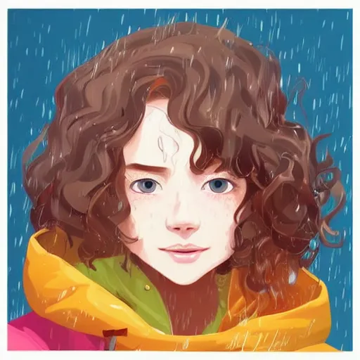 Prompt: a sixteen year old girl with short wavy curly light brown hair and blue eyes wearing a colorful raincoat in the rain. clean cel shaded vector art by lois van baarle, artgerm, helen huang, by makoto shinkai and ilya kuvshinov, rossdraws, illustration, art by ilya kuvshinov