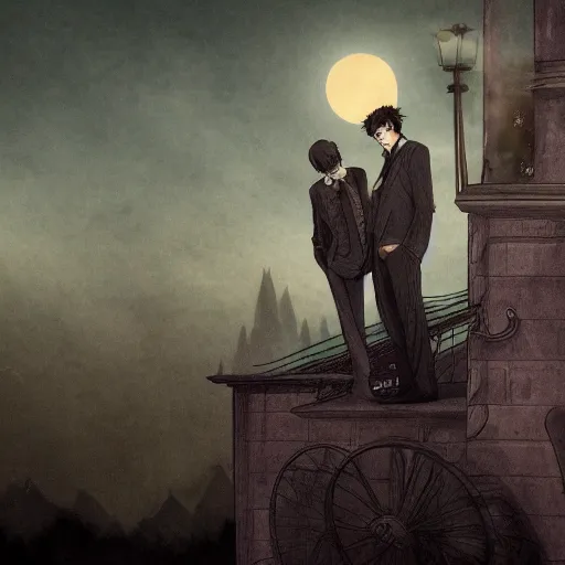 Image similar to two young men, one man human, one man vampire, night, on a birdge, detailed, intricate, aesthetic, artistic, 8 k resolution in the style of holic