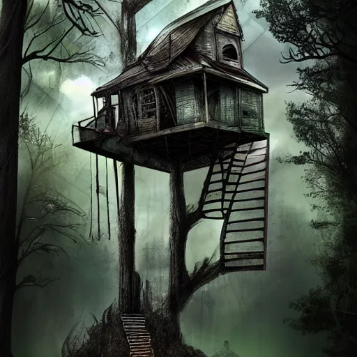 Prompt: tree house, post - apocalyptic, dark fantasy, liminal space, dark paradise, digital art