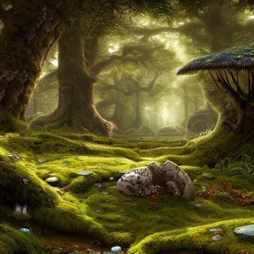 Prompt: moss landscape, lush, mushrooms, stones, ancient forest, intricate, hyper detailed, artstation, concept art, smooth, sharp focus, ray tracing, vibrant, photorealistic, albert bierstadt