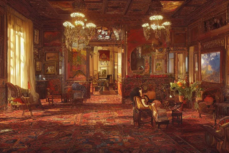 Image similar to a bohemian parlor with sunbeams streaming in from tall windows, by Donato Giancola and Ludwig Deutsch and Evelyn De Morgan, floral embroidery, carved wood, oriental carpets,rich deep color, dramatic cinematic lighting, featured on Artstation, cgsociety, unreal engine