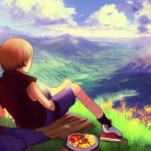 Prompt: digital art, anime, boy and girl sitting on the ledge of a mountain having a picnic with a beautiful view, creative, concept