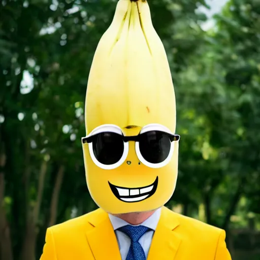 Image similar to banana head, a man wearing a suit banana head