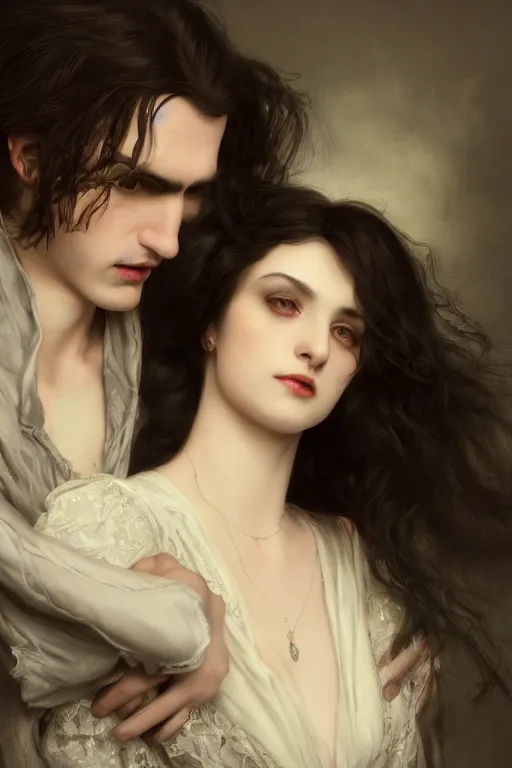 Image similar to a portrait of handsome young male vampire with long hair and his elegant beautiful dark bohemian wife, bored, illustration, dramatic lighting, soft details, painting oil on canvas, art nouveau, octane render, HDR, 4k, 8k, HD, by Edmund Blair Leighton, Brom, Charlie Bowater, trending on artstation, faces by Tom Bagshaw, Sargent