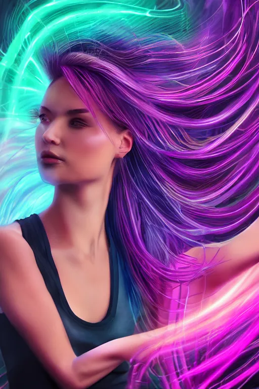 Image similar to a award winning half body portrait of a beautiful woman in a croptop and cargo pants with ombre purple pink teal hairstyle with head in motion and hair flying, surrounded by whirling illuminated lines, outrun, vaporware, shaded flat illustration, digital art, trending on artstation, highly detailed, fine detail, intricate