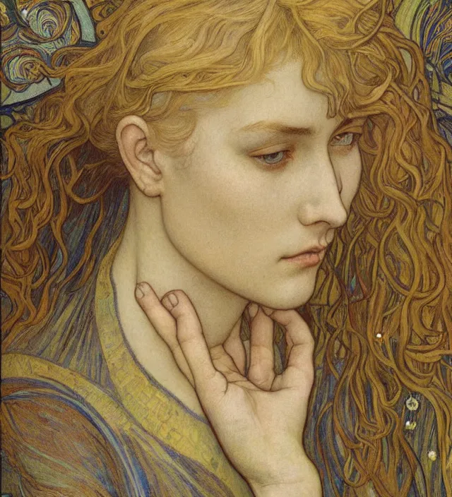 Image similar to detailed realistic beautiful young medieval queen face portrait by jean delville, alphonse mucha, vincent van gogh, and marco mazzoni, art nouveau, symbolist, visionary, gothic, pre - raphaelite