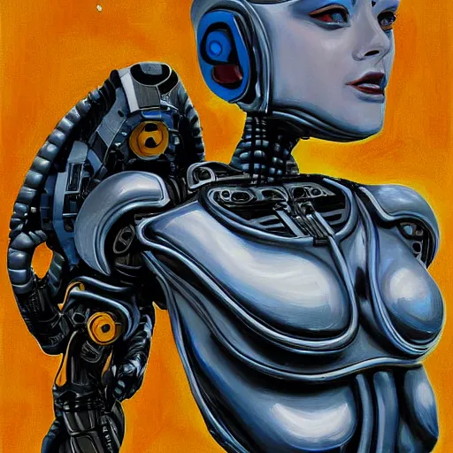 Image similar to robot woman, painting, detailed, dystopic