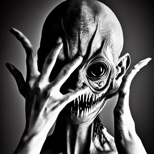 Image similar to artistic photoshoot of a mothan hybrid, grotesque, body horror, mutant shaming, creepy, terrifying, 8 k hdr 8 0 mm wide angle portrait, high contrast black and white, insectoid n