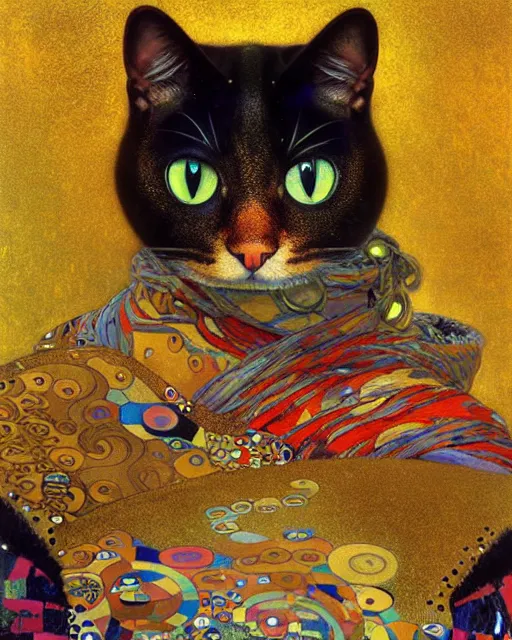 Prompt: burglar cat portrait an oil painting splashes with many colors and shapes by gustav klimt greg rutkowski and alphonse mucha, polycount, generative art, psychedelic, fractalism, glitch art