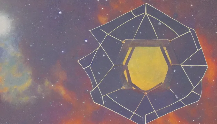 Prompt: shield made from hexagons in space, blocking the sun, art deco painting