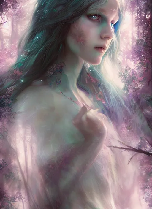 Image similar to portrait of a gorgeous fairy princess of the forest, perfect blue eyes, detailed iridescent fractal pattern skin, 8k render, ultra realistic, cinematic lighting, artstation, artgerm, Seb McKinnon