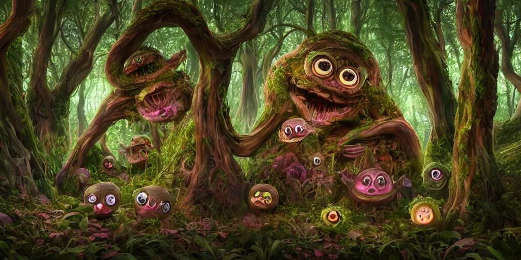 Image similar to of an intricate forest with strange cute friendly happy creatures with huge eyes, mouth, long tongue, round teeth and goofy face, appearing from the background, in the style of gehry and gaudi, macro lens, shallow depth of field, ultra detailed, digital painting, trending artstation, concept art, illustration, cinematic lighting, photorealism, epic, octane render