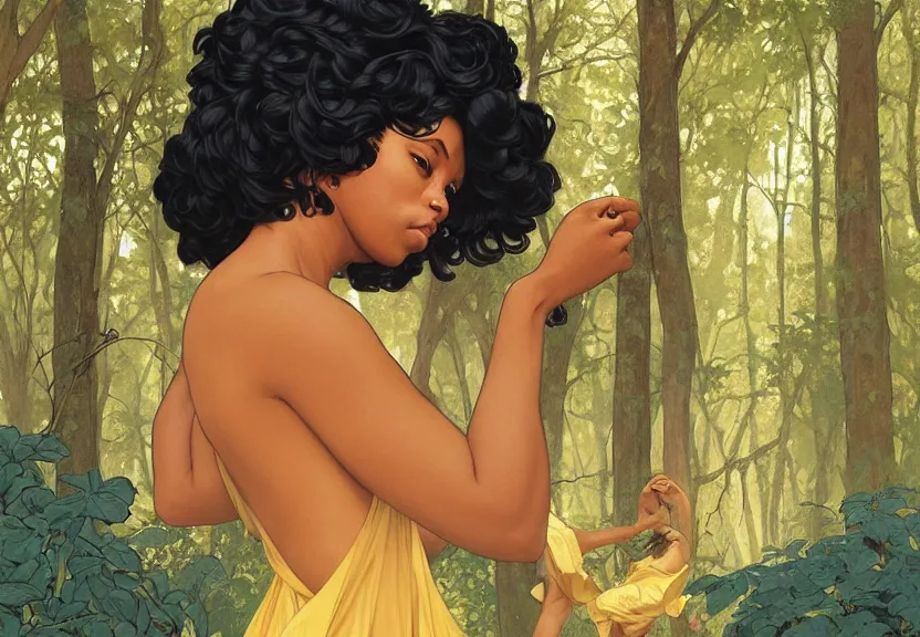 Image similar to a black woman seen from behind from far away with flowing hair and a flowing sundress dreaming in a forest, fine details by realistic shaded lighting poster by ilya kuvshinov katsuhiro otomo, magali villeneuve, artgerm, jeremy lipkin and michael garmash and rob rey, art nouveau, alphonse mucha, william - adolphe bouguereau, golden hour