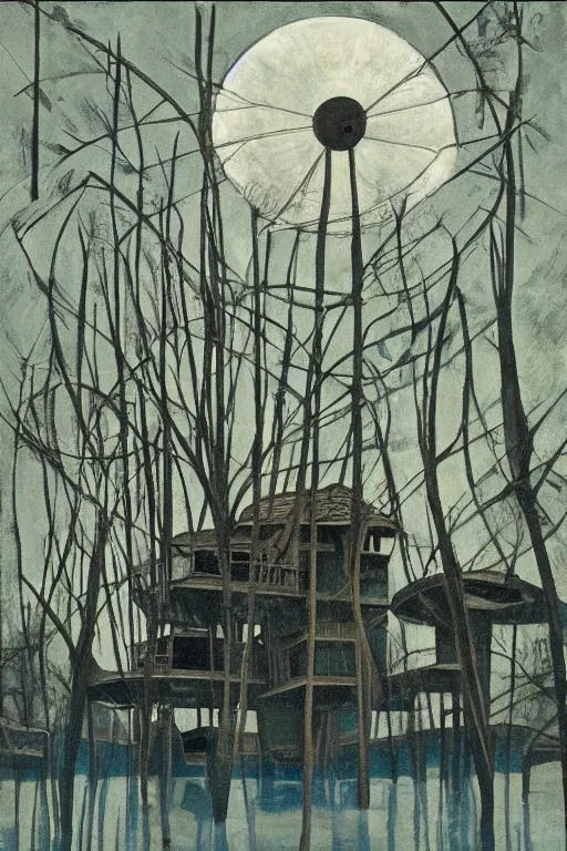 Image similar to spherical tree houses in flooded street ( ( ( ( painting by aaron douglas ) ) ) ) painting by h. r. giger painting by alvar aalto