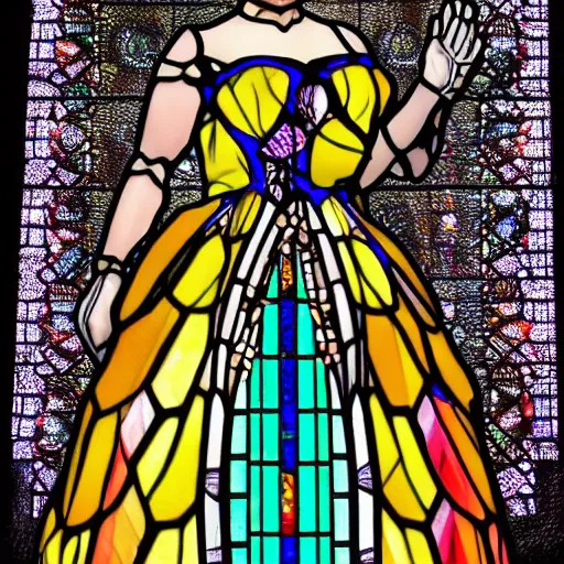 Prompt: photo of a beautiful woman wearing a dress made of stained glass, incredibly detailed, trending on artstation, award winning, 8K