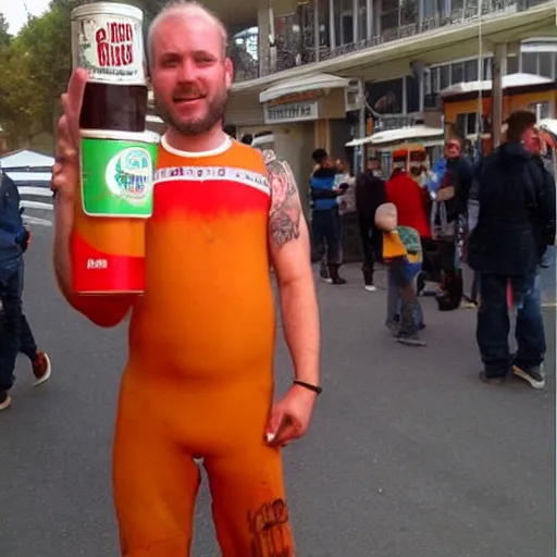 Prompt: MAN DRESSED AS A CAN OF BEER YUM DELICIOUS