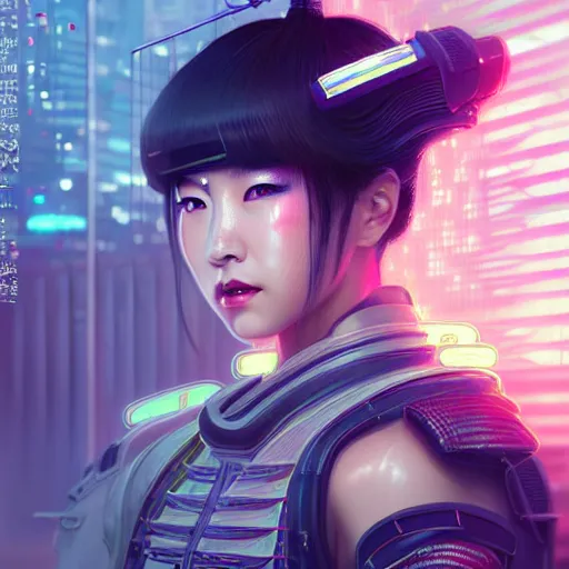 Image similar to portrait futuristic Samurai Girl, in future cyberpunk tokyo rooftop , ssci-fi, fantasy, intricate, very very beautiful, elegant, human anatomy, neon light, highly detailed, digital painting, artstation, concept art, smooth, sharp focus, illustration, art by tian zi and WLOP and alphonse mucha