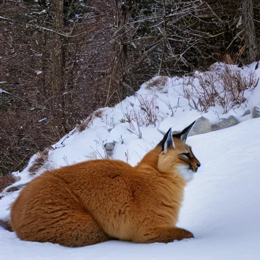 Image similar to photo still of drunk sleepy fat chubby caracal, lying sleeping on snow, big stomach, fullbody, sunny winter day