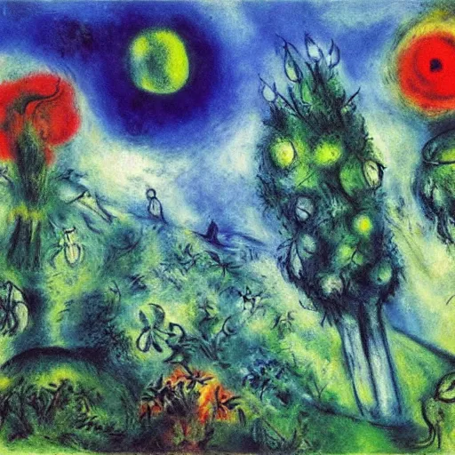 Image similar to painting of a lush natural scene on an alien planet by marc chagall. beautiful landscape. weird vegetation. cliffs and water.