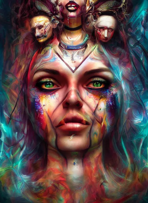 Image similar to tripping magic cult psychic woman, painted face, third eye, energetic consciousness psychedelic, epic surrealism expressionism symbolism, ultra high definition, unreal engine 5, volumetric lighting cinematic ray trace photorealism, symmetrical face, dark myth mythos, by sandra chevrier, masterpiece