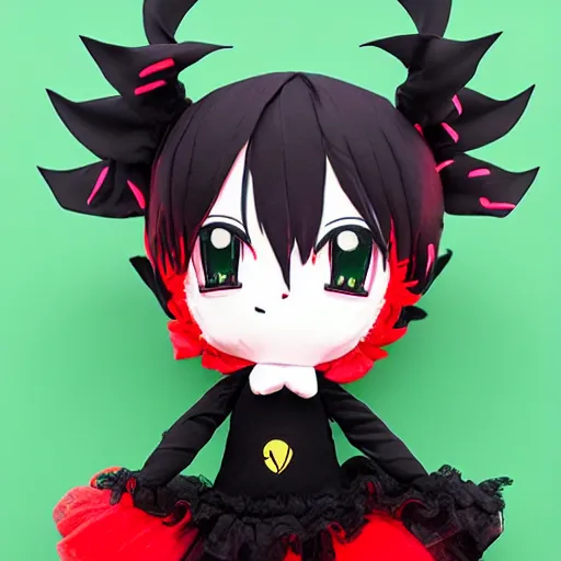 Prompt: cute fumo plush of a void imp who crawled out a hole in reality, anime girl, black and red, green ribbon and heart, ruffled and tattered dress, symmetry, gothic, melting crayons, glow, vray, vantablack