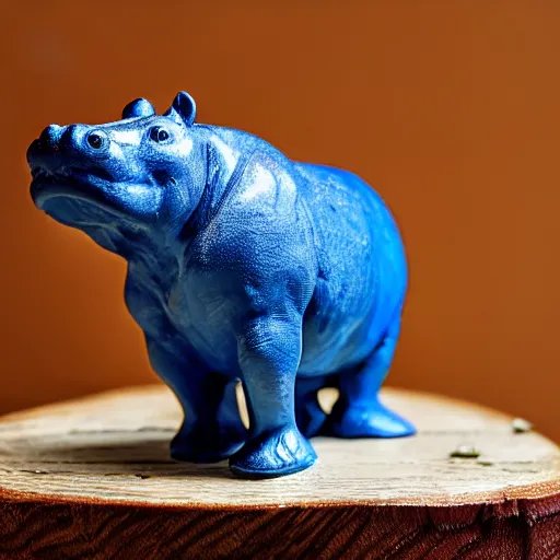 Image similar to small hippopotamus sculpture on a desk half wood and half blue epoxy sculpture, mix, decorative small, 3 5 mm macro photography, studio