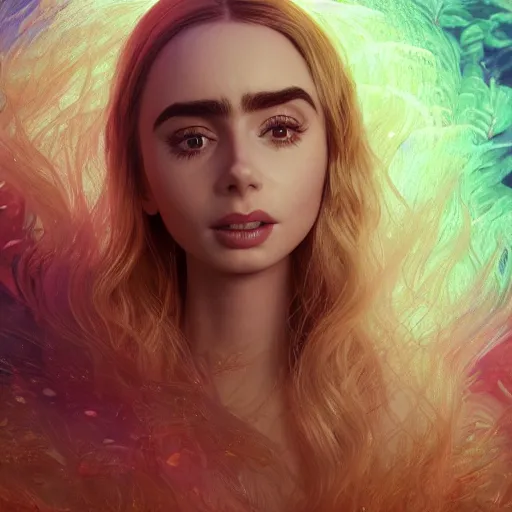 Image similar to a beautiful blonde queen girl lily collins, floating under the deep dream water, beautiful smooth soft light + white petal, oil paint, octane render, unreal engine 5, closeup, 4 k, highly detailed, instagram,