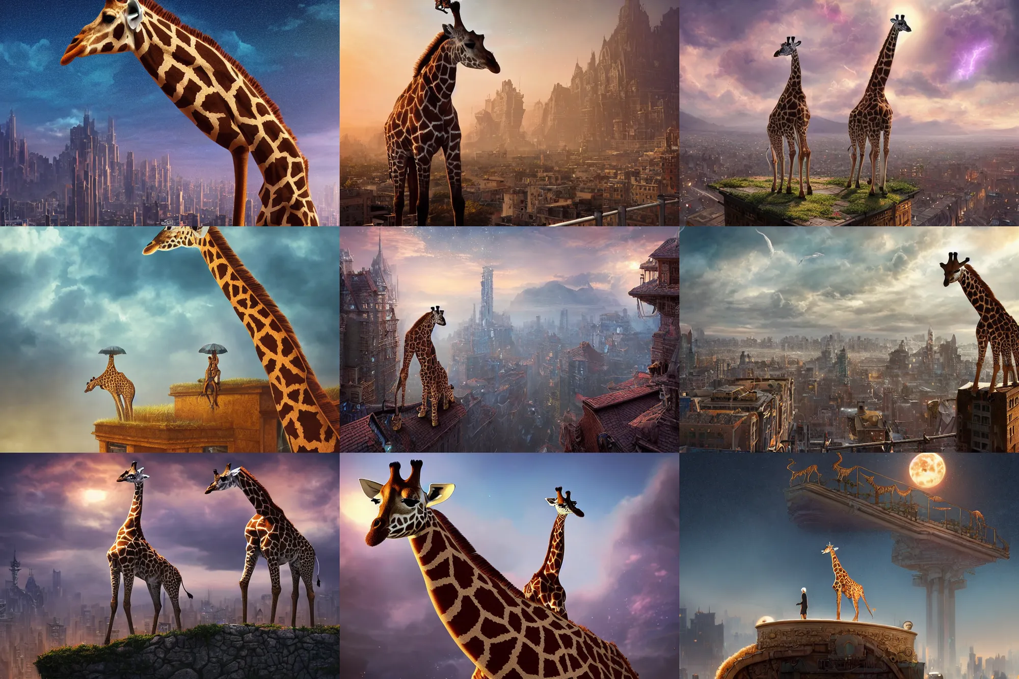 Prompt: giraffe standing on the rooftop, fantasy, dream, intricate, epic lighting, cinematic composition, hyper realistic, 8 k resolution, unreal engine 5, by artgerm, tooth wu, dan mumford, beeple, wlop, rossdraws, james jean, andrei riabovitchev, marc simonetti, yoshitaka amano, artstation
