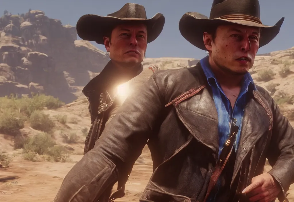 Image similar to elon musk in the red dead redemption 2, elon musk in the video game red dead redemption 2, gameplay screenshot, close up, 3 d rendering. unreal engine. amazing likeness. very detailed.