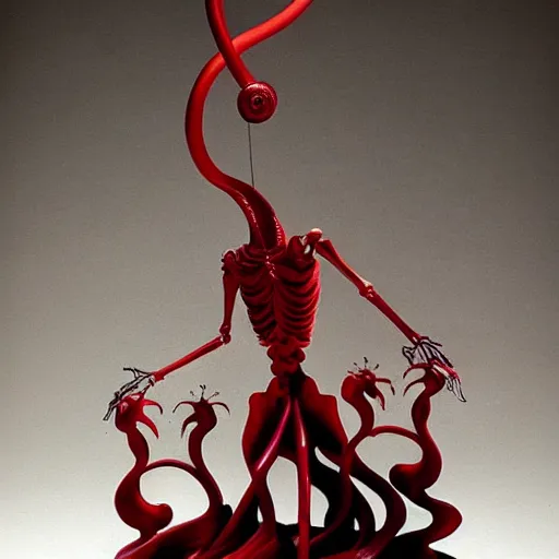 Prompt: A beautiful kinetic sculpture of a horned, red-eyed, skeleton-like creature, with a long black cape, and a staff with a snake wrapped around it, standing in front of a castle atop a cliff. by René Lalique soft, casual