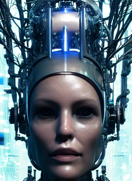 Image similar to 35mm portrait of a sophisticated intricate terminator woman's head on the background of a weird magical mechanical forest. Round gears visible inside her hear. Very detailed 8k. Fantasy cyberpunk horror. Sharp. Unreal 5 render with nanite, global illumination and path tracing.