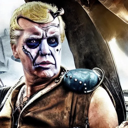 Image similar to Donald Trump as Immortan Joe, mad max fury road, detailed, 4k