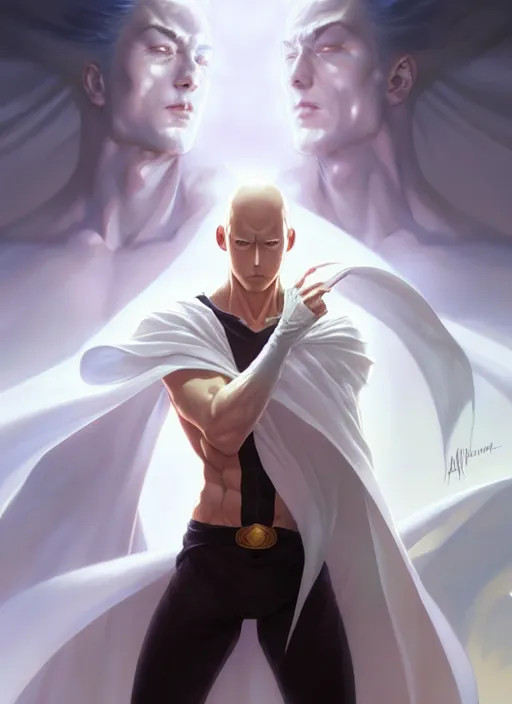 Image similar to ultra realistic illustration, handsome saitama. white cape, intricate, elegant, highly detailed, digital painting, artstation, concept art, smooth, sharp focus, illustration, art by artgerm and greg rutkowski and alphonse mucha and wlop