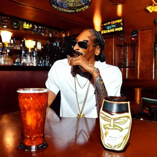 Image similar to snoop dogg at trader vic's bar holding a tiki mug with his face on it