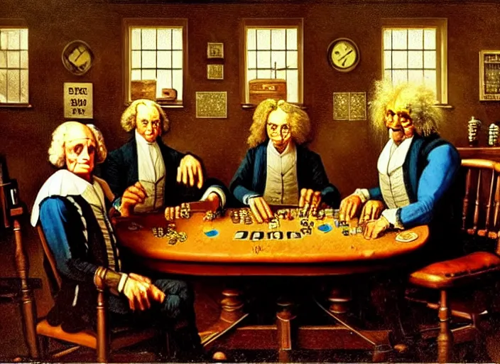 Image similar to family photo of isaac newton and stephen hawkins an einstein playing poker in an old west saloon in the style of norman rockwell