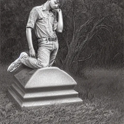 Prompt: stand by me river phoenix leaning on a grave stone, sadness, matte detailed photo, DeviantArt, Artstation, by donato giancola, ralph horley, loish, cinematic lighting