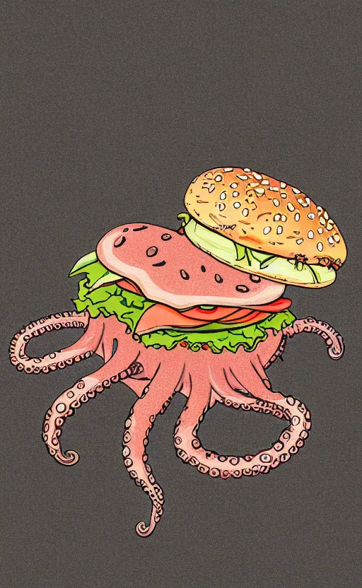 Image similar to highly detailed three - color ink illustration of octopus eating a burger, symmetrical, hd, trending, silk screen vector