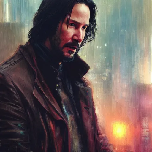 Image similar to keanu reeves, hyperrealistic portrait, bladerunner street, art of elysium by jeremy mann and alphonse mucha, fantasy art, photo realistic, dynamic lighting, artstation, poster, volumetric lighting, very detailed face, 4 k, award winning