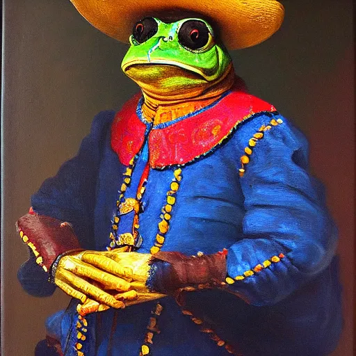 Prompt: oil painting of a frog in traditional Oaxaca Charro suit, Rembrandt oil painting