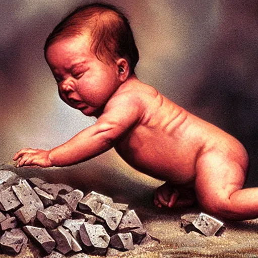 Prompt: a baby crawls toward a pile of burning coal, detailed and realistic matte painting by greg hildebrandt