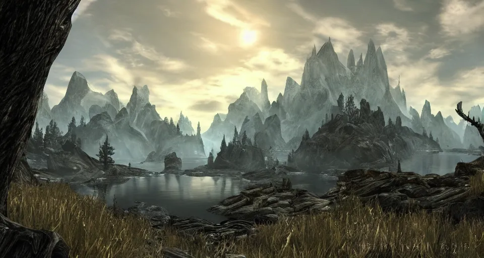 Image similar to skyrim landscape in the style of grand theft auto v cover art digital artwork