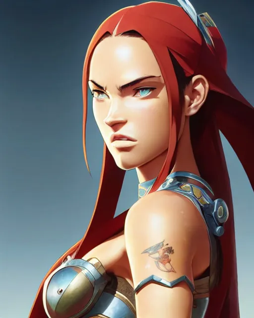 Image similar to azctec warrior, megan fox, gemstone forehead, detailed perfect face, exquisite details, fire magic, mid view, design on a white background, by studio muti, greg rutkowski makoto shinkai takashi takeuchi studio ghibli