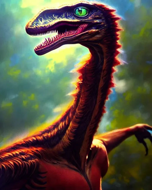 Image similar to if the 8 0 s were a velociraptor, high detail intricate, artstation, cinematic color grading, by daniel gerhartz, wlop, artgerm