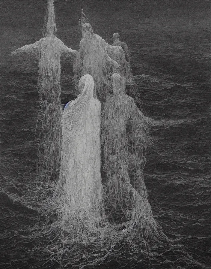 Image similar to worshippers in robes belonging to the cult of the lighthouse standing in waves, a lighthouse, high detailed beksinski painting, part by adrian ghenie and gerhard richter. art by takato yamamoto. masterpiece, dark and moody, deep colours