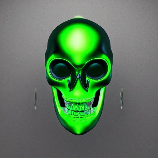 Prompt: skull of ancient alien robot with green glowing eyes and terrifying mask viewed from the surface of a planet with stars in the sky. hyperrealistic emissive beautfiul artstation portfolio trending Ryan Church concept mist angry cyberpunk 2077 hardsurface modeling emissive