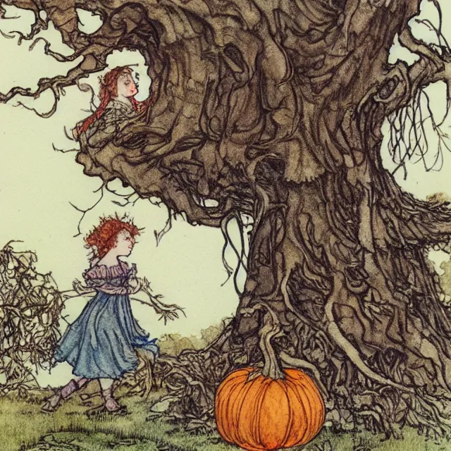 Prompt: a detailed, intricate watercolor and ink illustration with fine lines, of a young girl in a dress climbing a gnarled tree in a pumpkin patch, by arthur rackham and edmund dulac